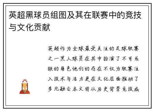 英超黑球员组图及其在联赛中的竞技与文化贡献