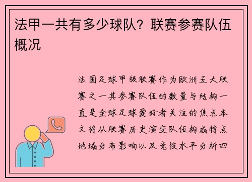 法甲一共有多少球队？联赛参赛队伍概况